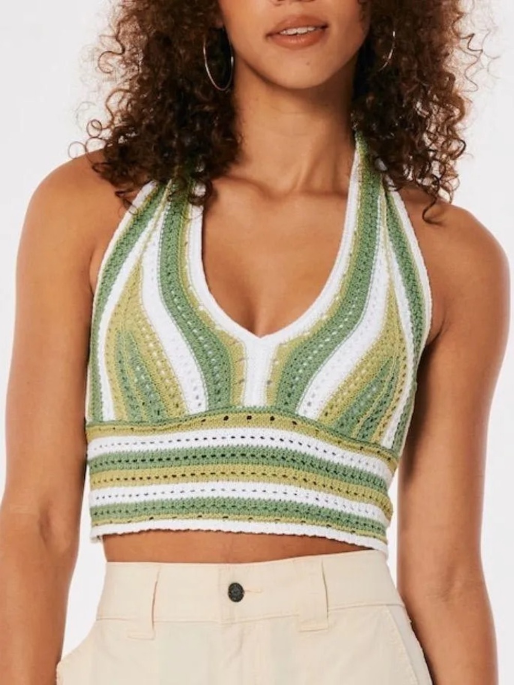 Hollister Green and White Striped Crochet Halter Crop Top